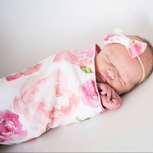 NWOT Pink Floral Baby Swaddle Sack with Headband